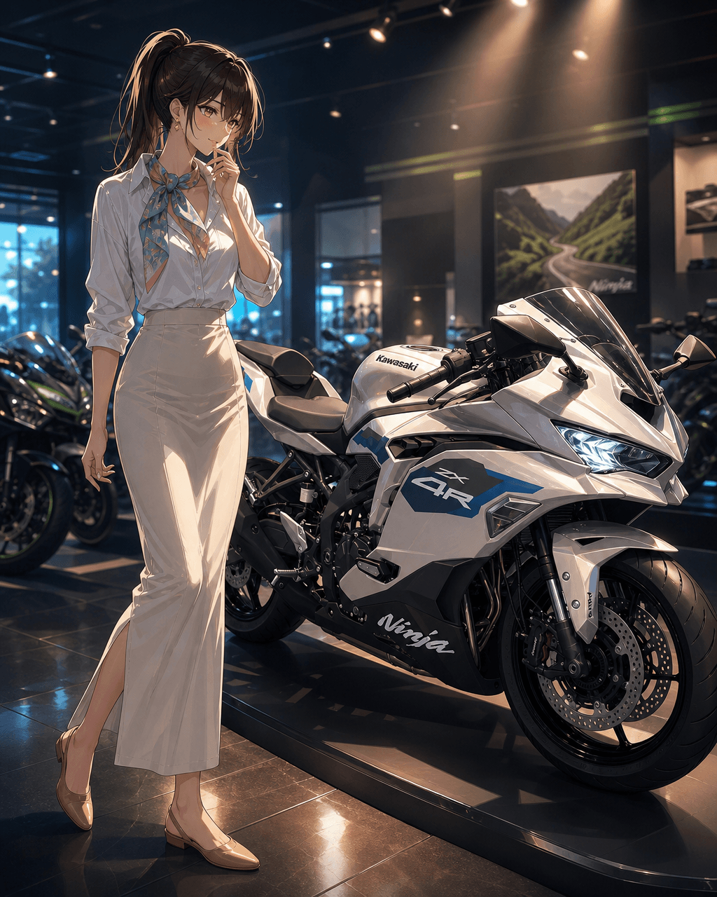 Kawasaki Plazaのショールームで新色ギャラクシーシルバーのNinja ZX-4R SE 2027を見つめるミツキ
