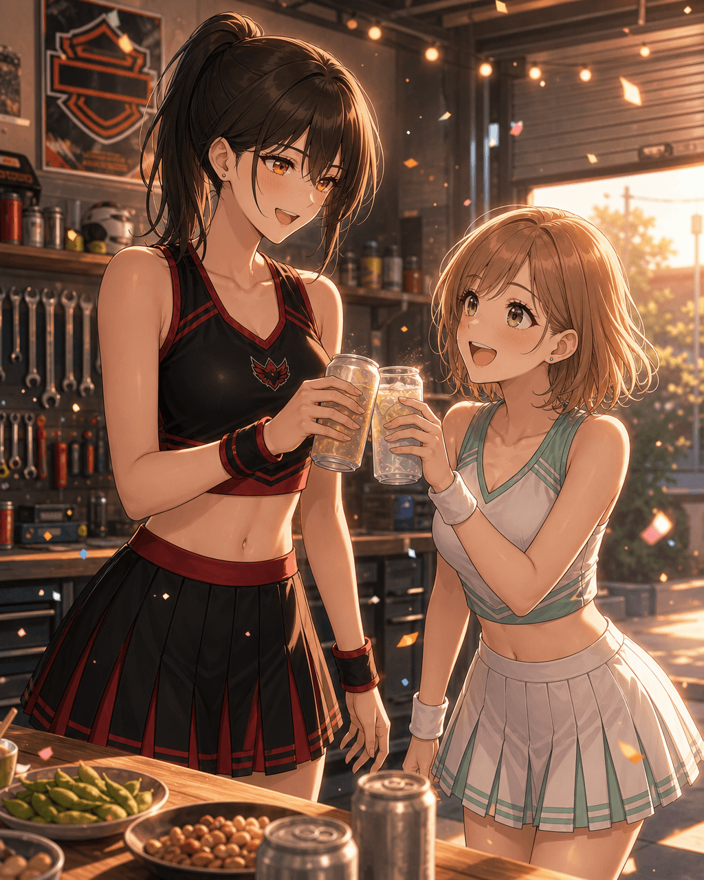 ガレージでチア衣装のミツキとヒマリがグラスを合わせて乾杯するシネマティックアニメイラスト。手前のテーブルには枝豆やナッツなどのツマミと缶。二人ともカメラ目線なしで互いを見て笑う、大人の打ち上げオフショット