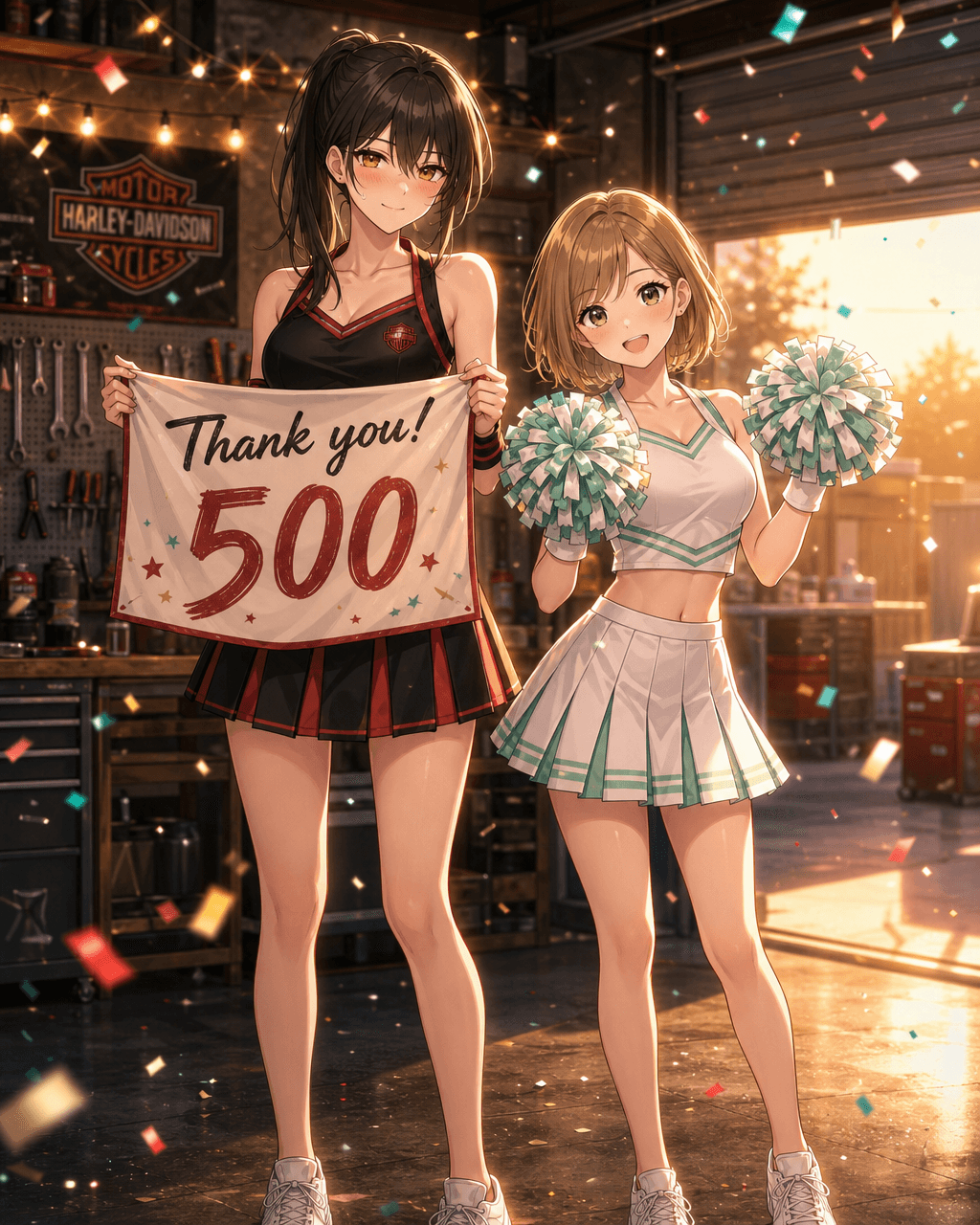 ガレージでチアリーダー衣装を着て500フォロワー達成を祝うミツキとヒマリのシネマティックアニメイラスト。ミツキは黒と赤のチア衣装で「Thank you! 500」のバナーを持ち恥ずかしげ、ヒマリは白とミントのチア衣装で両手にポンポンを持ってノリノリ。紙吹雪とゴールデンアワーの光が差し込むお祝いの一枚