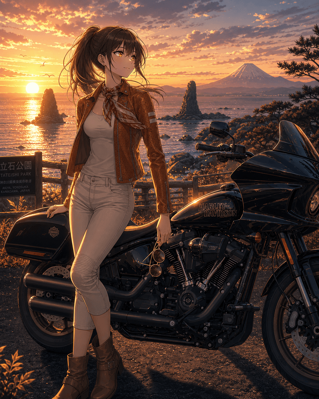 立石公園(三浦半島)の夕景で、Harley-Davidson Low Rider STの傍に立つミツキ。相模湾越しに富士山と立石岩、地平線に沈む夕日