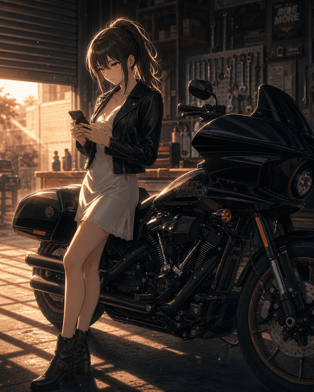 ガレージでロウさん(Harley-Davidson Low Rider ST)の傍に立ち、スマホでリコール情報を確認するミツキ