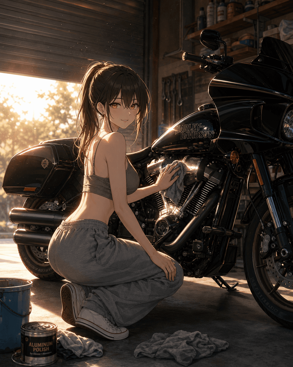 半開きのガレージシャッターから差し込む夏の朝日の中で、Low Rider STのアルミ部品をマイクロファイバークロスで磨くミツキ