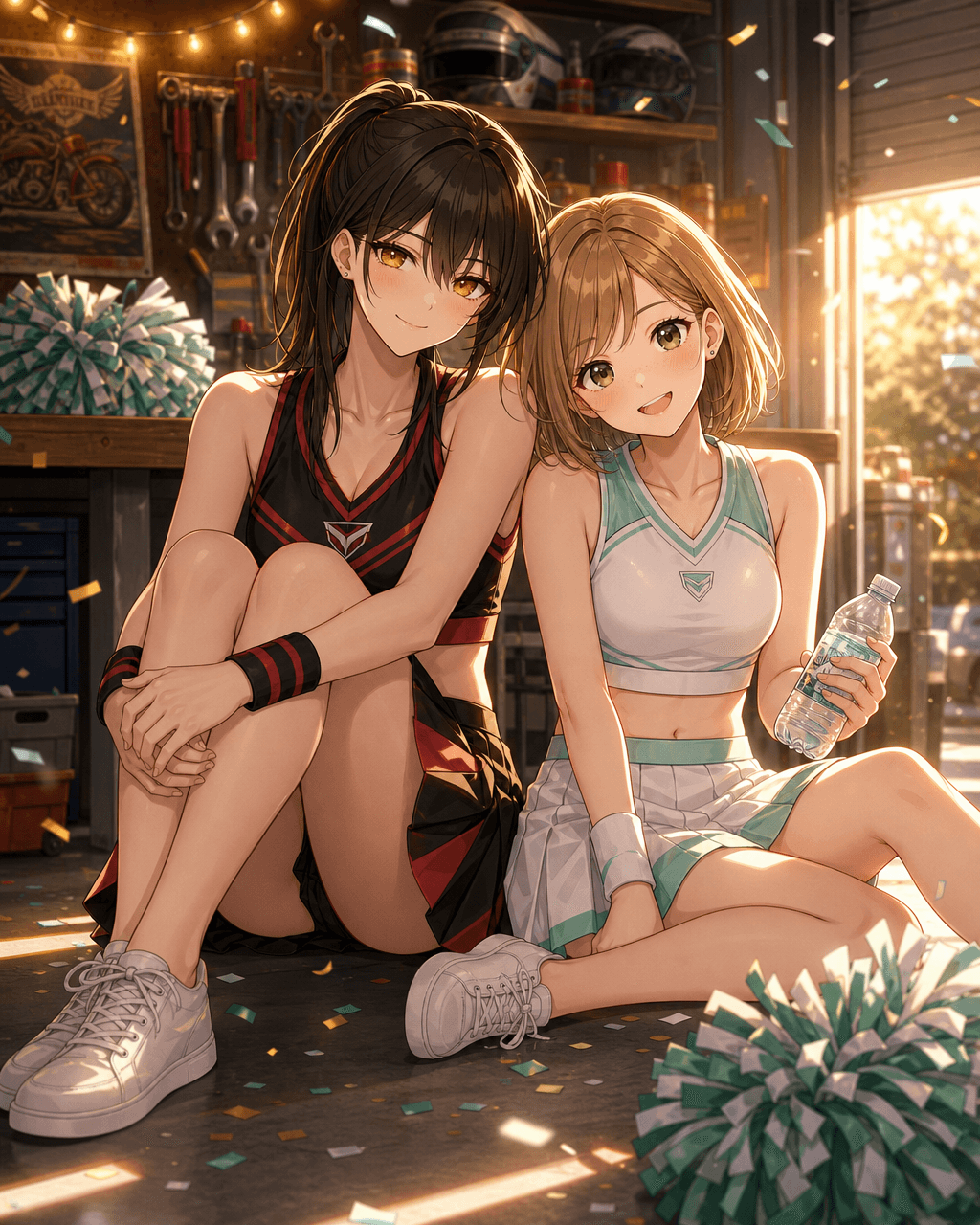 ガレージの床に座り込んで一息つくチア衣装のミツキとヒマリ。ミツキはひざを抱えて柔らかな笑み、ヒマリは水分補給しながら寄り添う。脱力した日常感のオフショット